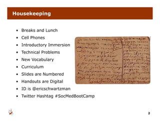 Housekeeping


 • Breaks and Lunch
 • Cell Phones
 • Introductory Immersion
 • Technical Problems
 • New Vocabulary
 • Curriculum
 • Slides are Numbered
 • Handouts are Digital
 • ID is @ericschwartzman
 • Twitter Hashtag #SocMedBootCamp



                                     2
 