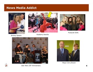 News Media Addict




                                                               Pussycat Dolls
                                       Academy Awards
  Britney Spears




                                                        Mayor Jerry Brown

                   Star Wars 30th Anniversary                                   4
 