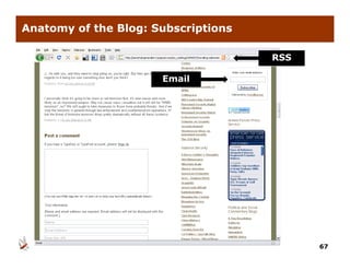 Anatomy of the Blog: Subscriptions

                                     RSS

                      Email




                                           67
 