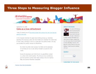 Three Steps to Measuring Blogger Influence




    Source: Coca-Cola Conversation

                                             88
 