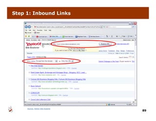 Step 1: Inbound Links




     Source: Yahoo! Site Explorer
                                    89
 