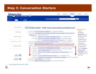 Step 3: Conversation Starters




Source: Blogpulse Conversation Tracker


                                         91
 