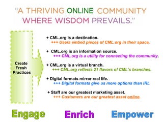 Engage Enrich Empower +   CML.org is a destination. +++ Users embed pieces of CML.org in their space.     +  CML.org is an information source.  +++ CML.org is a utility for connecting the community . + CML.org is a virtual branch. +++ CML.org reflects 21 flavors of CML’s branches. + Digital formats mirror real life. +++ Digital formats give us more options than IRL     + Staff are our greatest marketing asset. +++ Customers are our greatest asset  online . Create  Fresh  Practices 
