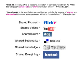 “ Web 2.0  generally refers to a second generation of  services available on the WWW that lets people  collaborate  and  share  information online .”  -  Wikipedia.com Shared Bookmarks = Shared Videos =   Shared Everything =  “ Social media  is the use of electronic and Internet tools for the purpose of  sharing  and  discussing  information and experiences with other human beings.”  -  Wikipedia.com   Shared Pictures = Shared Knowledge =   Shared News = 