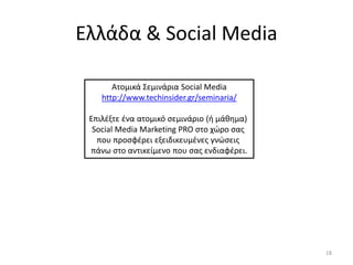 Ελλάδα & Social Media
18
Ατομικά Σεμινάρια Social Media
http://www.techinsider.gr/seminaria/
Επιλέξτε ένα ατομικό σεμινάριο (ή μάθημα)
Social Media Marketing PRO στο χώρο σας
που προσφέρει εξειδικευμένες γνώσεις
πάνω στο αντικείμενο που σας ενδιαφέρει.
 
