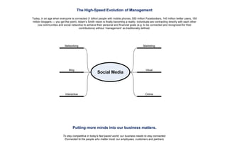 The High-Speed Evolution of Management

Today, in an age when everyone is connected (1 billion people with mobile phones, 550 million Facebookers, 140 million twitter users, 150
million bloggers — you get the point), Adam’s Smith vision is finally becoming a reality: individuals are contracting directly with each other
     (via communities and social networks) to achieve their personal and financial goals (e.g. to be connected and recognized for their
                                       contributions) without ‘management’ as traditionally defined.




                            Networking                                                         Marketing




                               Blog                                                              Vitual
                                                        Social Media




                            Interactive                                                          Online




                                  Putting more minds into our business matters.

                          To stay competitive in today's fast paced world, our business needs to stay connected.
                           Connected to the people who matter most: our employees, customers and partners.
 