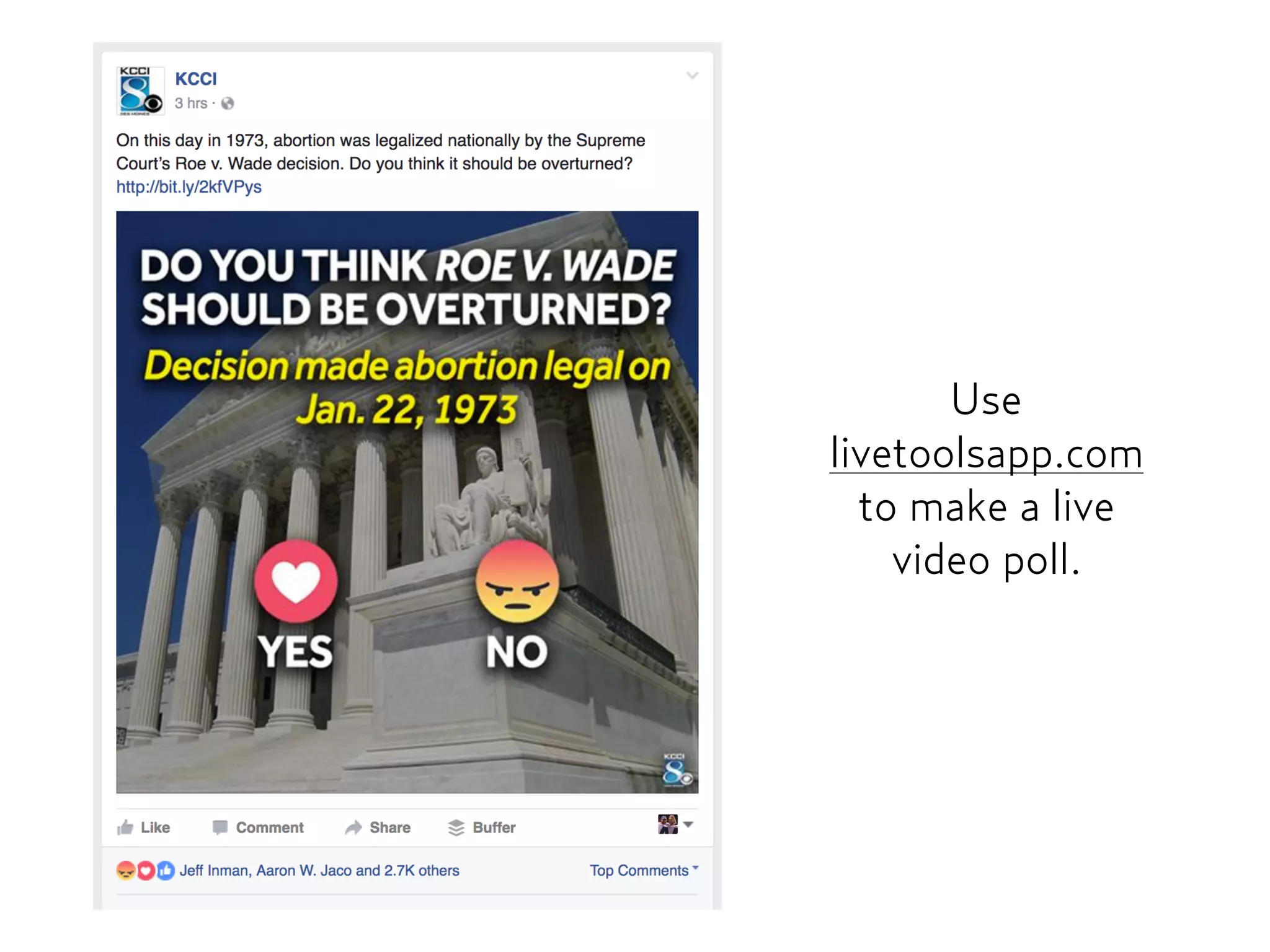Use
livetoolsapp.com
to make a live
video poll.
 