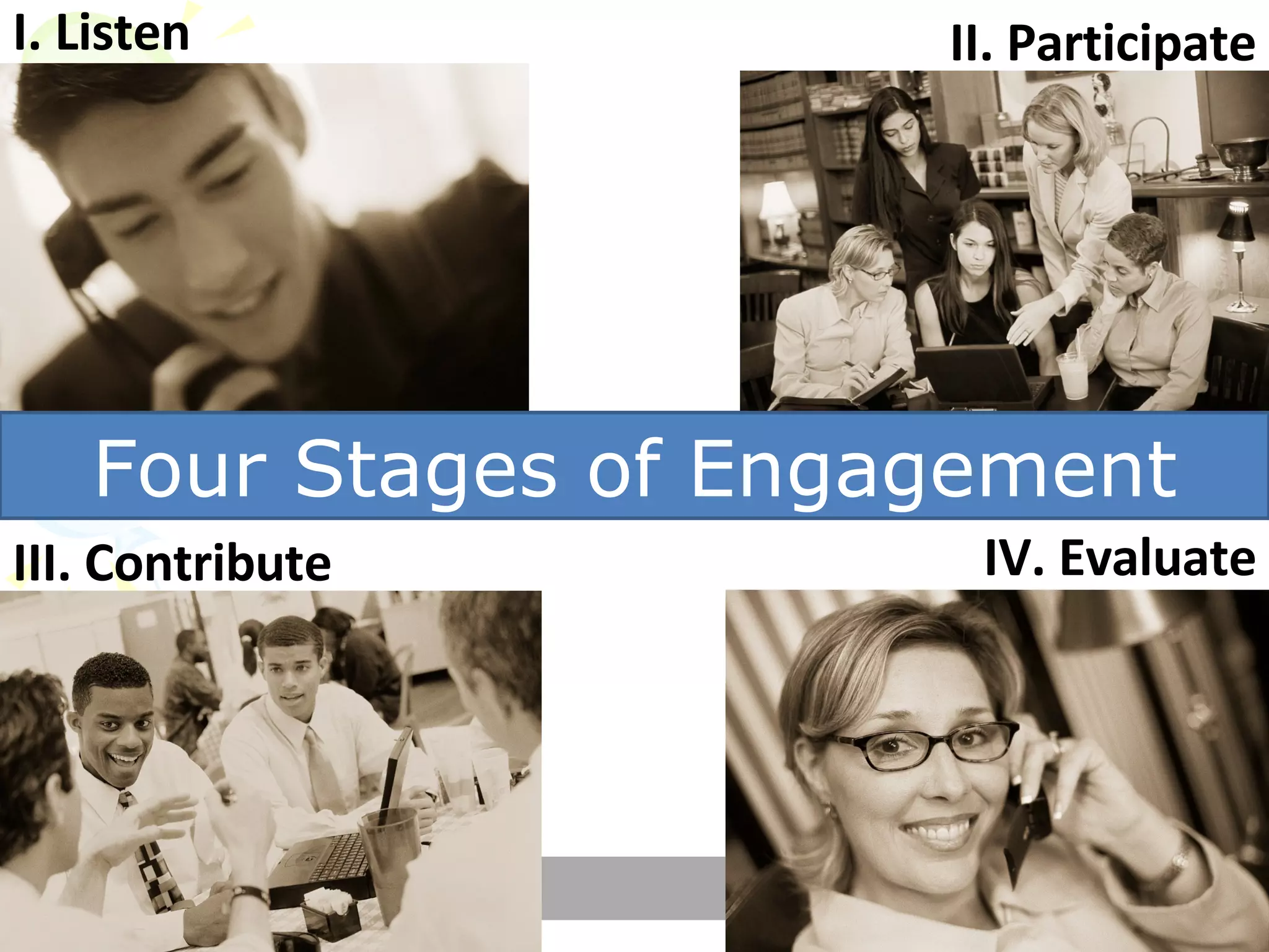 Four Stages of Engagement I. Listen IV. Evaluate III. Contribute II. Participate 