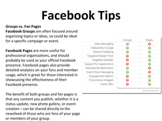Facebook Tips Groups vs. Fan Pages Facebook Groups  are often focused around organizing topics or ideas, so could be ideal for a specific campaign or event. Facebook Pages  are more useful for professional organizations, and should probably be used as your official Facebook presence. Facebook pages also provide detailed analytics on your fans and member usage, which is great for those interested in showcasing the effectiveness of their Facebook presence. The benefit of both groups and fan pages is that any content you publish, whether it is a status update, new photo gallery, or event creation – can be shared directly to the newsfeed of those who are fans of your page or members of your group. 