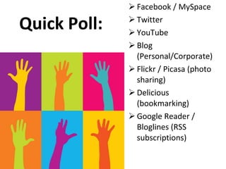 Facebook / MySpace Twitter YouTube Blog (Personal/Corporate) Flickr / Picasa (photo sharing) Delicious (bookmarking) Google Reader / Bloglines (RSS subscriptions) Quick Poll: 