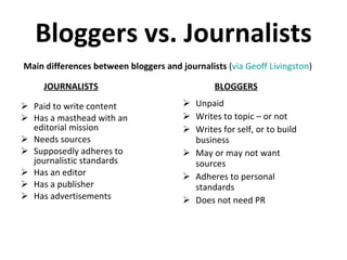 Bloggers vs. Journalists Paid to write content Has a masthead with an editorial mission Needs sources Supposedly adheres to journalistic standards Has an editor Has a publisher Has advertisements Unpaid Writes to topic – or not Writes for self, or to build business May or may not want sources Adheres to personal standards Does not need PR Main differences between bloggers and journalists  ( via Geoff Livingston ) JOURNALISTS BLOGGERS 
