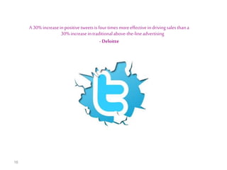 A 30% increase in positive tweets is four times more effective in driving sales than a
30% increase in traditional above-the-line advertising
- Deloitte

16

 