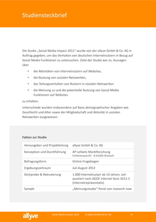 Studiensteckbrief




Die Studie „Social Media Impact 2012“ wurde von der allyve GmbH & Co. KG in
Auftrag gegeben, um das Verhalten von deutschen Internetnutzern in Bezug auf
Social Media Funktionen zu untersuchen. Ziele der Studie war es, Aussagen
über
   •    die Aktivitäten von Internetnutzern auf Websites,
   •    die Nutzung von sozialen Netzwerken,
   •    das Teilungsverhalten von Nutzern in sozialen Netzwerken
   •    die Meinung zu und die potentielle Nutzung von Social Media
        Funktionen auf Websites
zu erhalten.
Unterschiede wurden insbesondere auf Basis demographischer Angaben wie
Geschlecht und Alter sowie der Mitgliedschaft und Aktivität in sozialen
Netzwerken ausgewiesen.




Fakten zur Studie

 Herausgeber und Projektleitung        allyve GmbH & Co. KG
 Konzeption und Durchführung           AP Lellwitz Marktforschung
                                       Fichtestrasse 65 - D-63303 Dreieich

 Befragungsform                        Online-Fragebogen
 Ergebungszeitraum                     Juli-August 2012
 Stichprobe & Rekrutierung             1.000 Internetnutzer ab 14 Jahren, teil-
                                       quotiert nach AGOF internet facts 2012-3
                                       (internetrepräsentativ)
 Sample                                „Meinungsstudie“-Panel von research now




                     Social Media Impact 2012    © allyve GmbH & Co. KG           14
 