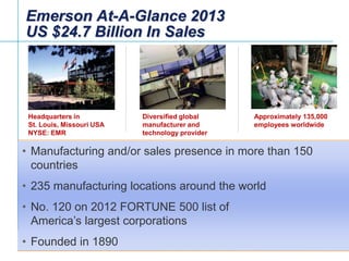 Emerson At-A-Glance 2013
US $24.7 Billion In Sales

Headquarters in
St. Louis, Missouri USA
NYSE: EMR

Diversified global
...