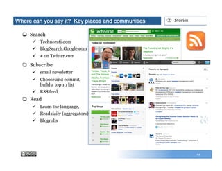 24
q  Search
ü  Technorati.com
ü  BlogSearch.Google.com
ü  # on Twitter.com
q  Subscribe
ü  email newsletter
ü  Choose and commit,
build a top 10 list
ü  RSS feed
q  Read
ü  Learn the language,
ü  Read daily (aggregators)
ü  Blogrolls
Where can you say it? Key places and communities ②  Stories
 