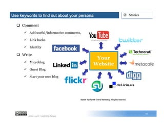 q  Comment
ü  Add useful/informative comments,
ü  Link backs
ü  Identity
q  Write
ü  Microblog
ü  Guest Blog
ü  Start your own blog
25
Use keywords to find out about your persona
picture source: Leadership-Pegs.jpg
②  Stories
 