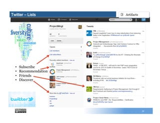 39
Twitter – Lists
•  Subscribe
•  Recommendation
•  Friends
•  Discover
③  Artifacts
 