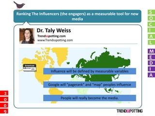 Ranking The Influencers (the engagers) as a measurable tool for new   S
                                   media                                  O
                                                                          C
               Dr. Taly Weiss                                             I
               Trendsspotting.com                                         A
               www.Trendsspotting.com
                                                                          L
                                                                          M
           Influence will be defined by measurable variables
                                                                          E
                                                                          D
                    Google will “pagerank” people                         I
                      Influence will be defined by measurable variables
                                                                          A
                 People will really become the media.
                     Google will “pagerank” and “map” peoples influence

2
0                            People will really become the media.
0
9
 