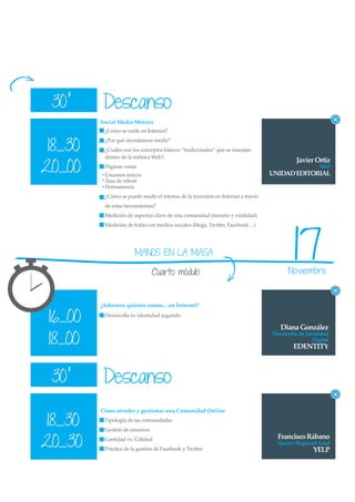 30’      Descanso
         Social Media Metrics
          ¿Cómo se mide en Internet?


 18_30
          ¿Por qué necesitamos medir?
          ¿Cuáles son los conceptos básicos “tradicionales” que se manejan
          dentro de la métrica Web?:
                                                                                           Javier Ortiz
20_00     Páginas vistas
          Usuarios únicos                                                        UNIDAD EDITORIAL
                                                                                                     SEO

          Tasa de rebote
          Permanencia
          ¿Cómo se puede medir el retorno de la inversión en Internet a través
          de estas herramientas?
          Medición de aspectos clave de una comunidad (tamaño y vitalidad)




                                                                                         17
          Medición de tráﬁco en medios sociales (blogs, Twitter, Facebook…)




                       MANOS EN LA MASA

                                 Cuarto módulo                                         Noviembre


         ¿Sabemos quiénes somos... en Internet?

 16_00    Desarrolla tu identidad jugando

                                                                                    Diana González

 18_00
                                                                                 Desarrollo de Identidad
                                                                                                  Digital
                                                                                         EDENTITY



 30’      Descanso
         Cómo atender y gestionar una Comunidad Online

 18_30    Tipología de las comunidades
          Gestión de usuarios.

20_30     Cantidad vs. Calidad                                                     Francisco Rábano
                                                                                   Spain’s Regional Lead
          Práctica de la gestión de Facebook y Twitter                                            YELP
 