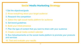 Social Media Marketing Strategy
1.Set the objectives/goals
2. Know everything about your target audience
3. Research the competition
4. Select the right social media platform for audience
5. Set brand guidelines
6. Build your initial presence
7. Plan the type of content that you want to share with your audience
8. Create a social media content calendar
9. Run Advertisements on the social media platform to promote your products
and services
10. Test and evaluate your results
27
 