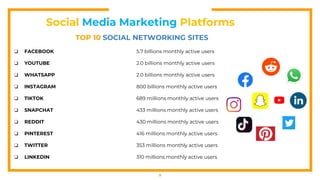9
TOP 10 SOCIAL NETWORKING SITES
❏ FACEBOOK 5.7 billions monthly active users
❏ YOUTUBE 2.0 billions monthly active users
❏ WHATSAPP 2.0 billions monthly active users
❏ INSTAGRAM 800 billions monthly active users
❏ TIKTOK 689 millions monthly active users
❏ SNAPCHAT 433 millions monthly active users
❏ REDDIT 430 millions monthly active users
❏ PINTEREST 416 millions monthly active users
❏ TWITTER 353 millions monthly active users
❏ LINKEDIN 310 millions monthly active users
Social Media Marketing Platforms
 