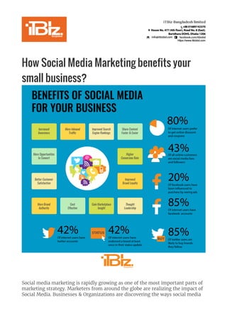 How Social Media Marketing benefits your
small business?
	
	
Social media marketing is rapidly growing as one of the most important parts of
marketing strategy. Marketers from around the globe are realizing the impact of
Social Media. Businesses & Organizations are discovering the ways social media
 