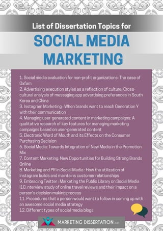 SOCIAL MEDIA
 MARKETING
List of Dissertation Topics for
1. Social media evaluation for non-profit organizations: The case of
Oxfam
2. Advertising execution styles as a reflection of culture: Cross-
cultural analysis of messaging app advertising preferences in South
Korea and China
3. Instagram Marketing : When brands want to reach Generation Y
with their communication
4. Managing user-generated content in marketing campaigns: A
qualitative research of key features for managing marketing
campaigns based on user-generated content
5. Electronic Word of Mouth and its Effects on the Consumer
Purchasing Decision
6. Social Media: Towards Integration of New Media in the Promotion
Mix
7. Content Marketing: New Opportunities for Building Strong Brands
Online
8. Marketing and PR in Social Media : How the utilization of
Instagram builds and maintains customer relationships
9. Embracing Twitter : Marketing the Public Library on Social Media
I10. nterview study of online travel reviews and their impact on a
person’s decision making process
11. Procedures that a person would want to follow in coming up with
an awesome social media strategy
12. Different types of social media blogs
 