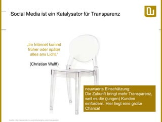 Social Media ist ein Katalysator für Transparenz

„Im Internet kommt
früher oder später
alles ans Licht.“
(Christian Wulff)

neuwaerts Einschätzung:
Die Zukunft bringt mehr Transparenz,
weil es die (jungen) Kunden
einfordern. Hier liegt eine große
Chance!
Quelle: http://weylandts.co.za/products/igloo-chair-transparent

 