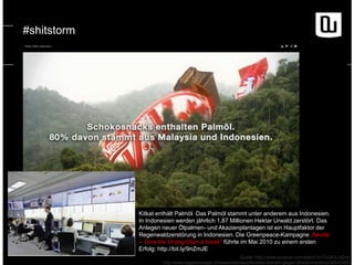 #shitstorm

Kitkat enthält Palmöl. Das Palmöl stammt unter anderem aus Indonesien.
In Indonesien werden jährlich 1,87 Millionen Hektar Urwald zerstört. Das
Anlegen neuer Ölpalmen- und Akazienplantagen ist ein Hauptfaktor der
Regenwaldzerstörung in Indonesien. Die Greenpeace-Kampagne „Nestlé
-- Give the Orang-Utan a break" führte im Mai 2010 zu einem ersten
Erfolg: http://bit.ly/9nZmJE
Quelle: http://www.youtube.com/watch?v=ToGK3-2tZz8
http://www.tagesanzeiger.ch/news/standard/Nestles-Abwehr-gegen-Shitstorms/story/30642493

 