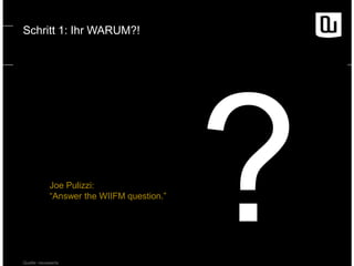 Schritt 1: Ihr WARUM?!

Joe Pulizzi:
“Answer the WIIFM question.”

Quelle: neuwaerts

 
