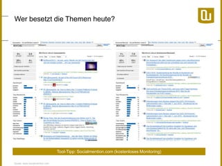 Wer besetzt die Themen heute?

Tool-Tipp: Socialmention.com (kostenloses Monitoring)
Quelle: www.socialmention.com

 