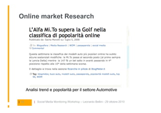 Online market Research




       Analisi trend e popolarità per il settore Automotive

| 12       | Social Media Monitori...