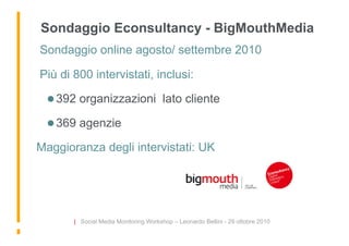 Sondaggio Econsultancy - BigMouthMedia
 Sondaggio online agosto/ settembre 2010

 Più di 800 intervistati, inclusi:

  39...