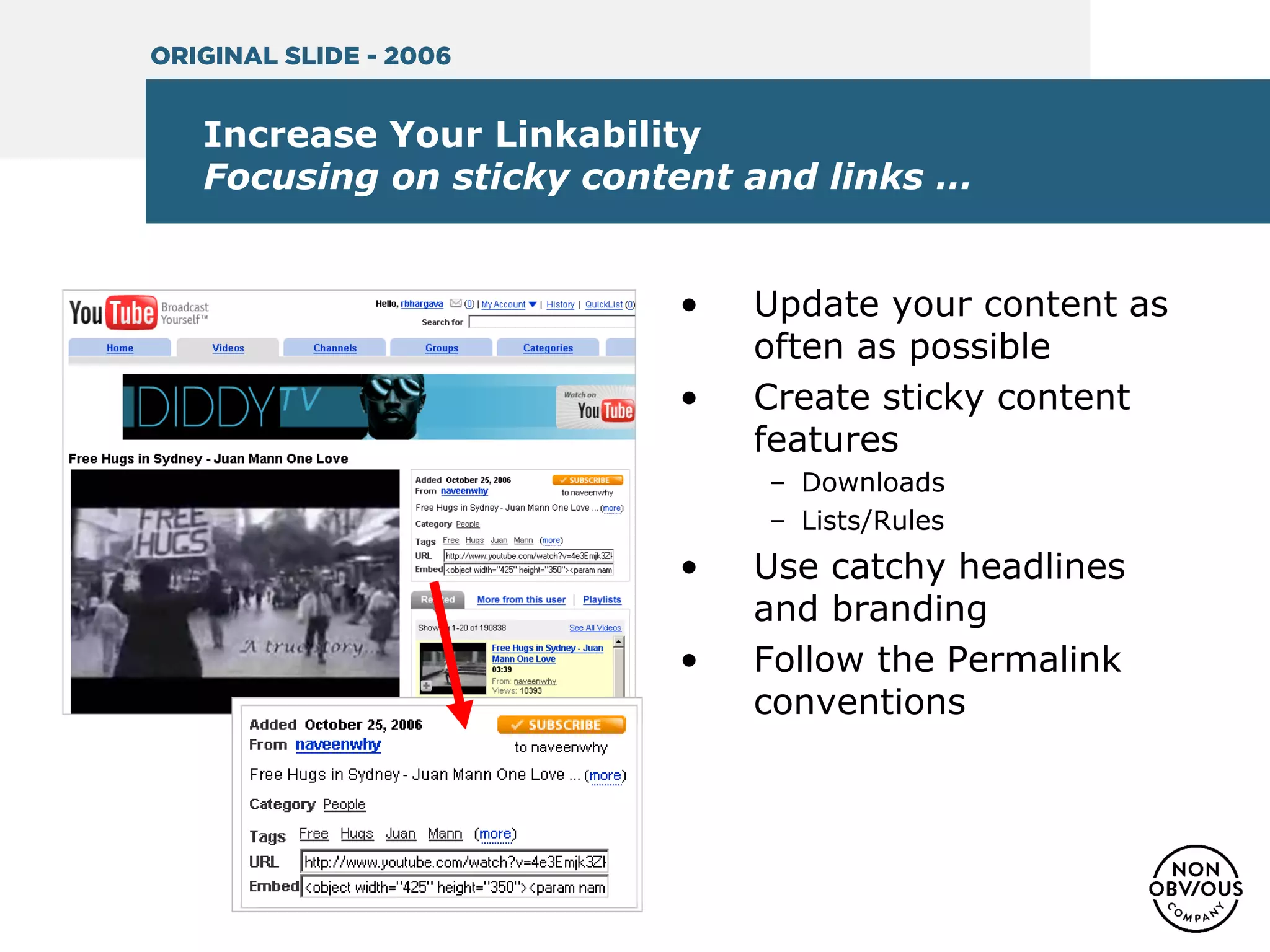 Increase Your Linkability
Focusing on sticky content and links …
• Update your content as
often as possible
• Create sticky content
features
– Downloads
– Lists/Rules
• Use catchy headlines
and branding
• Follow the Permalink
conventions
ORIGINAL SLIDE - 2006
 