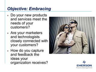 Objective: Embracing<br />Do your new products and services meet the needs of your customers?<br />Are your marketers and ...