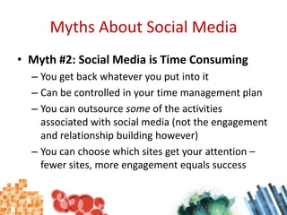 Myths About Social MediaMyth #2: Social Media is Time ConsumingYou get back whatever you put into itCan be controlled in your time management planYou can outsource some of the activities associated with social media (not the engagement and relationship building however)You can choose which sites get your attention – fewer sites, more engagement equals success