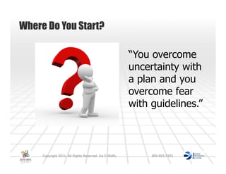 Where Do You Start?

                                                         “You overcome
                                                         uncertainty with
                                                         a plan and you
                                                         overcome fear
                                                         with guidelines.”



     Copyright 2011. All Rights Reserved. Ira S Wolfe.        800-803-4303
 