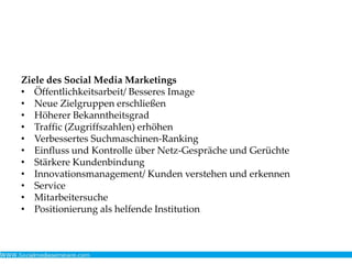 Ziele des Social Media Marketings
• Öffentlichkeitsarbeit/ Besseres Image
• Neue Zielgruppen erschließen
• Höherer Bekanntheitsgrad
• Traffic (Zugriffszahlen) erhöhen
• Verbessertes Suchmaschinen-Ranking
• Einfluss und Kontrolle über Netz-Gespräche und Gerüchte
• Stärkere Kundenbindung
• Innovationsmanagement/ Kunden verstehen und erkennen
• Service
• Mitarbeitersuche
• Positionierung als helfende Institution
 