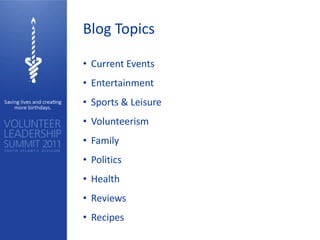 Blog Topics

• Current Events
• Entertainment
• Sports & Leisure
• Volunteerism
• Family
• Politics
• Health
• Reviews
• Recipes
 