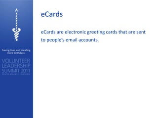 eCards

eCards are electronic greeting cards that are sent
to people’s email accounts.
 