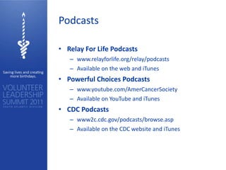 Podcasts

• Relay For Life Podcasts
   – www.relayforlife.org/relay/podcasts
   – Available on the web and iTunes
• Powerful Choices Podcasts
   – www.youtube.com/AmerCancerSociety
   – Available on YouTube and iTunes
• CDC Podcasts
   – www2c.cdc.gov/podcasts/browse.asp
   – Available on the CDC website and iTunes
 
