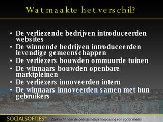Wat maakte het verschil? De verliezende bedrijven introduceerden websites De winnende bedrijven introduceerden levendige gemeenschappen De verliezers bouwden ommuurde tuinen De winnaars bouwden openbare marktpleinen De verliezers innoveerden intern De winnaars innoveerden samen met hun gebruikers 