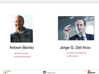 Antxon Benito                 Jorge G. Del Arco
  http://twitter.com/antxon      http://twitter.com/JorgeGDelArco

  antxon@sharingbrands.com       jarco@xupera.com
 