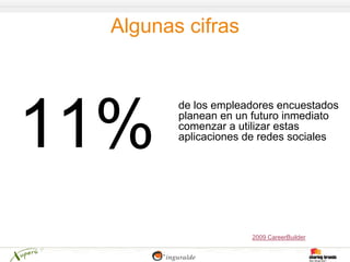Algunas cifras


       de los empleadores encuestados
       planean en un futuro inmediato
       comenzar a utilizar estas
       aplicaciones de redes sociales




                    2009 CareerBuilder
 
