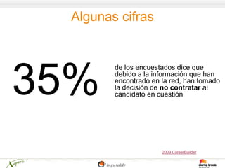 Algunas cifras


       de los encuestados dice que
       debido a la información que han
       encontrado en la red, han tomado
       la decisión de no contratar al
       candidato en cuestión




                     2009 CareerBuilder
 