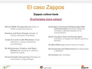 El caso Zappos
                                 Zappos culture book
                            10 principios (core values):

Deliver WOW Through Service (Crear un       Build Open and Honest Relationships With
       WOW a través del servicio)                 Communication (Construir relaciones
                                                  honestas y abiertas basadas en la
Embrace and Drive Change (Adoptar el              comunicación)
     cambio y llevarlo a la práctica)
                                            Build a Positive Team and Family Spirit
                                                   (Construir un equipo con espíritu positivo y
Create Fun and A Little Weirdness (Crear
                                                   familiar)
      diversión e, incluso, fomentar la
      excentricidad)                        Do More With Less (Hacer más con menos)

Be Adventurous, Creative, and Open-         Be Passionate and Determined (Ser apasionado
     Minded (Ser aventurero, creativo y           y decidido)
     abierto de mente)
                                            Be Humble (Ser humildes)
Pursue Growth and Learning (Perseguir el
      crecimiento y el aprendizaje)
 