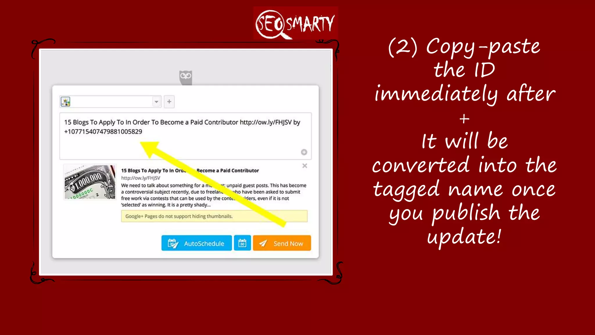 (2) Copy-paste the
ID immediately after
+
It will be converted
into the tagged name
once you publish the
update!
 