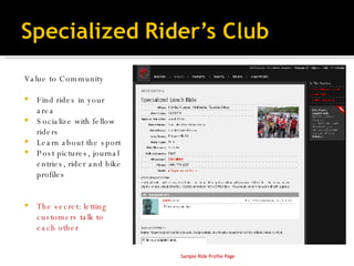 Sample Ride Profile Page <ul><li>Value to Community </li></ul><ul><li>Find rides in your area </li></ul><ul><li>Socialize ...