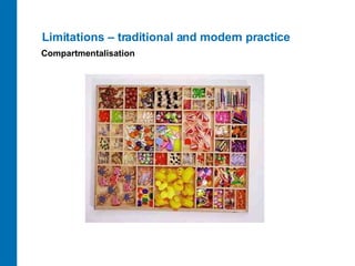 Limitations – traditional and modern practice <ul><li>Compartmentalisation </li></ul>