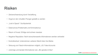 Risiken
•  Zeitverschwendung durch Verzettlung
•  Angst an den virtuellen Pranger gestellt zu werden
•  „Lost in Space“: Suchtpotential
•  Datenschutz-Problematik und Kriminalismus
•  Return of Invest: Erfolge sind schwer messbar
•  Negative Reputation: Nicht wünschenswerte Informationen werden verbreitet
•  Kontrollverlust: Unternehmen verlieren Macht über ihre Marke
•  Streuung von Falsch-Informationen möglich, z.B. Fake-Accounts
•  unsinnige und banale Informationen wie: „Bin gerade im Bus“
Quelle: Social Media für Unternehmer
 